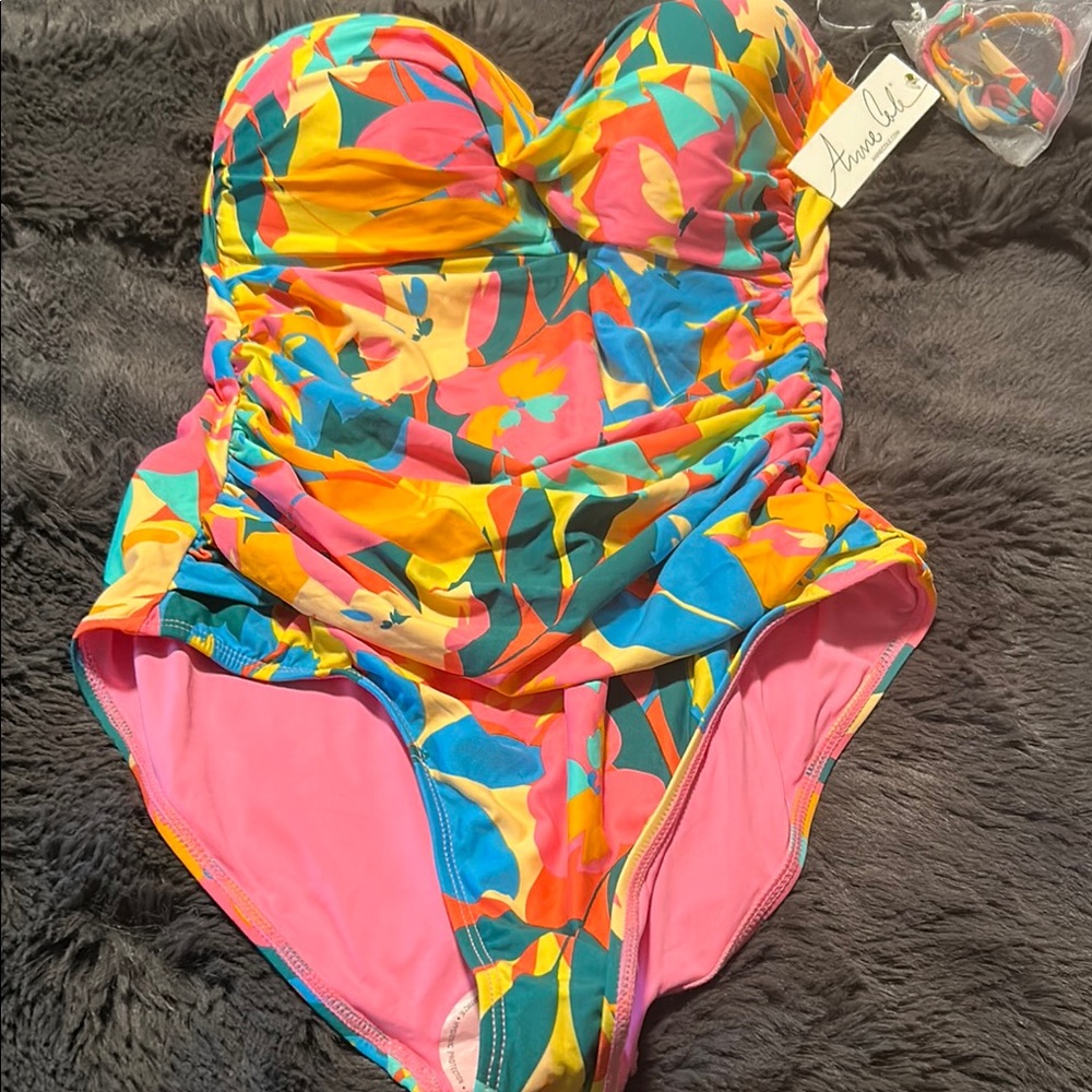 Anne Cole Pink and Blue One Piece Swimsuit with Sweetheart Neckline